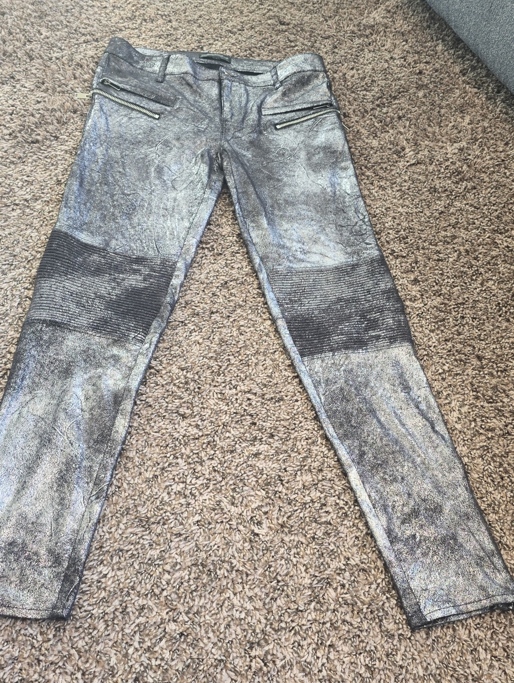 Zara Metallic Silver Skinny Moto Jeans